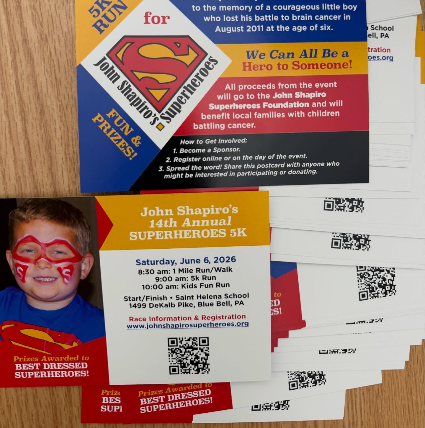 Get the word out!  Join us for our 14th Annual John Shapiro’s Superheroes Race day!  Postcards  are ready and coming to a local business near you soon!