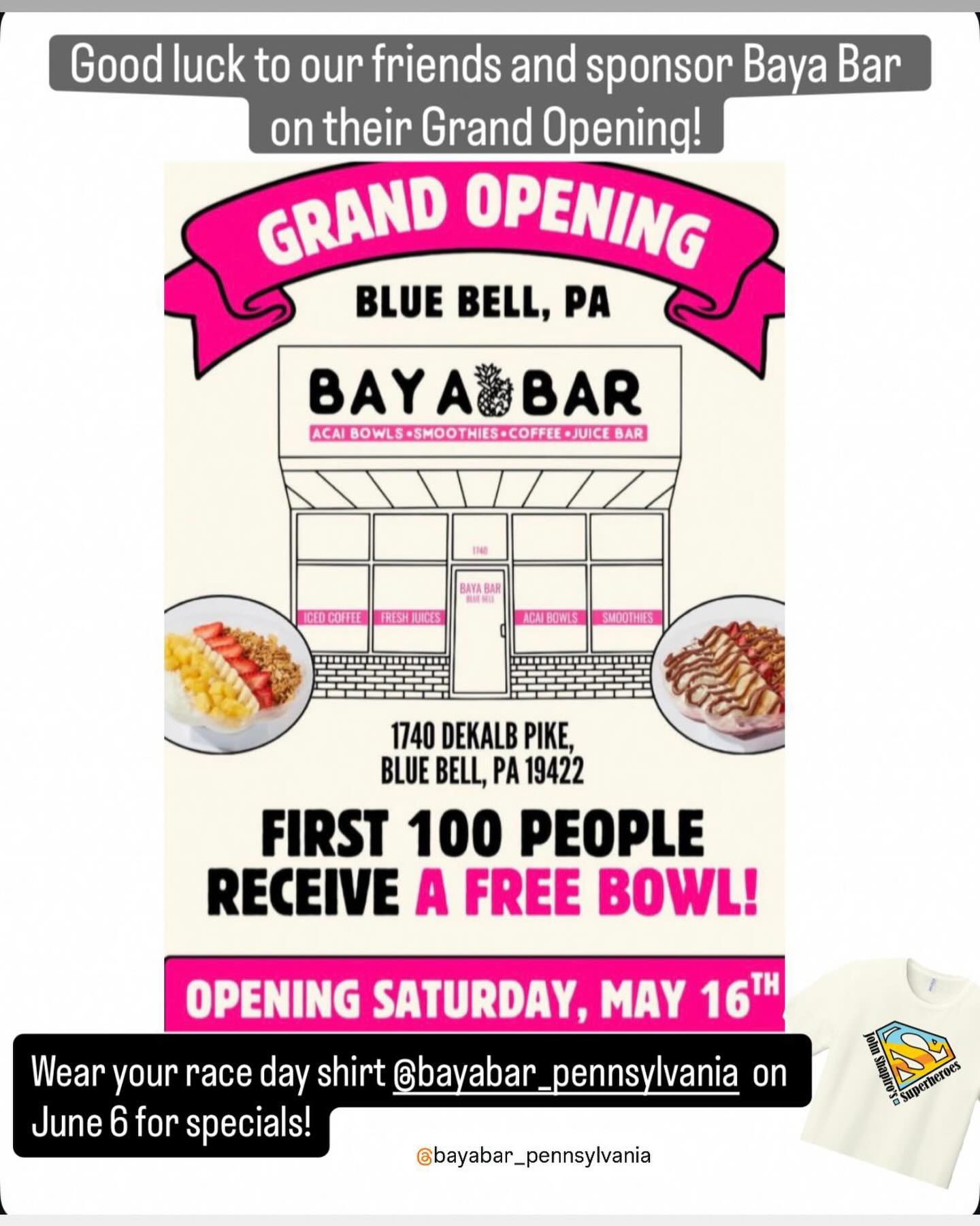 Good luck to our friends and sponsor @bayabar_pennsylvania on their Grand Opening tomorrow 5/16!  The Kovatches are long time supporters of our cause, volunteering and running since Year 1!  We are so excited for them and happy to announce they will be providing specials on June 6 to customers wearing our year 14 shirt!  So register for your shirt today and enjoy a bayabar treat on race day! Remember May 20 is the deadline to guarantee getting  your shirt! 🔗to register in bio.