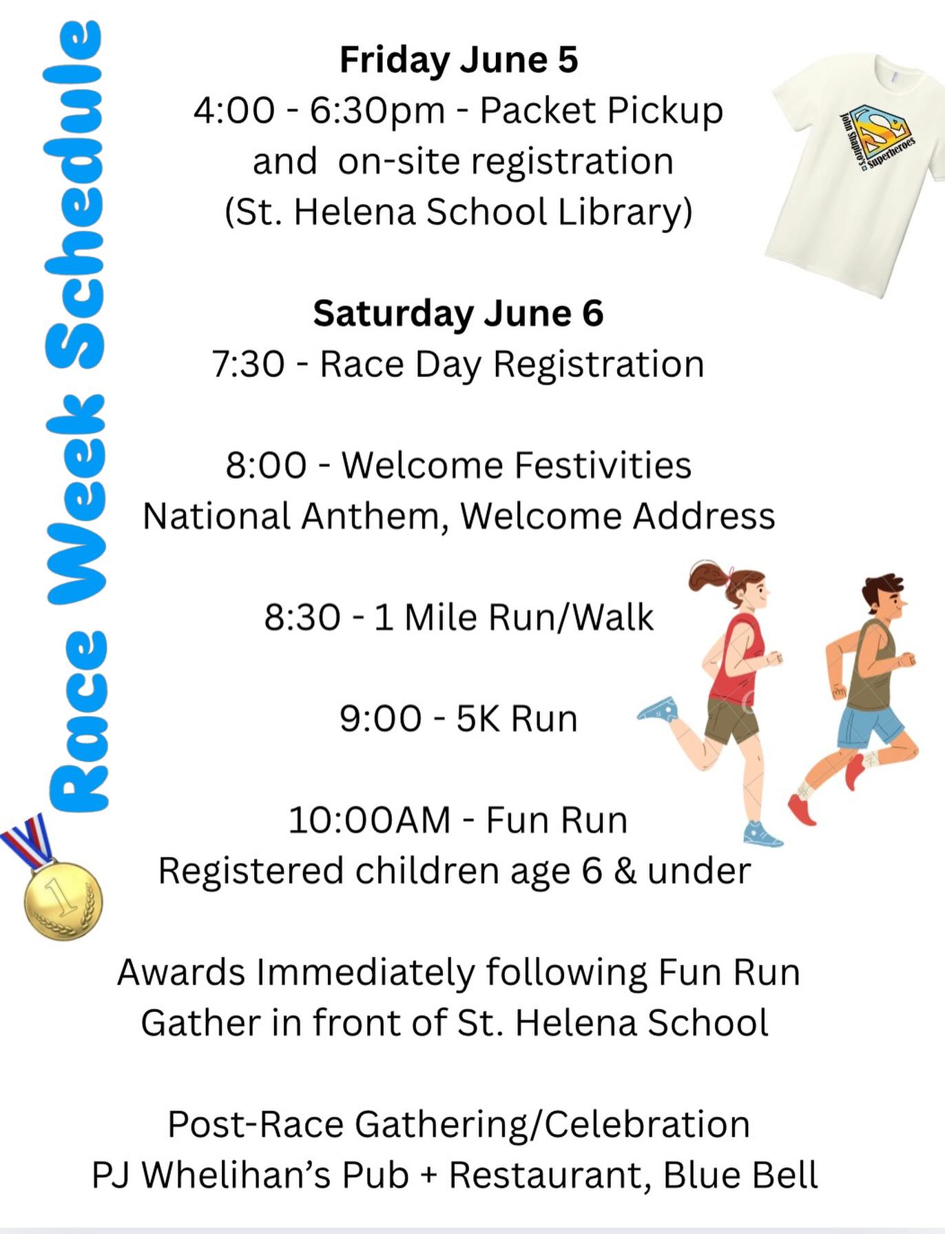 It is officially race week!!!! We are 7 days away from our 14th Annual John Shapiro’s Superheroes Race day! It is not too late join us!  You can sign up in person at packet pickup on Friday or even register race morning at our registration tents! Can’t wait to see you there!