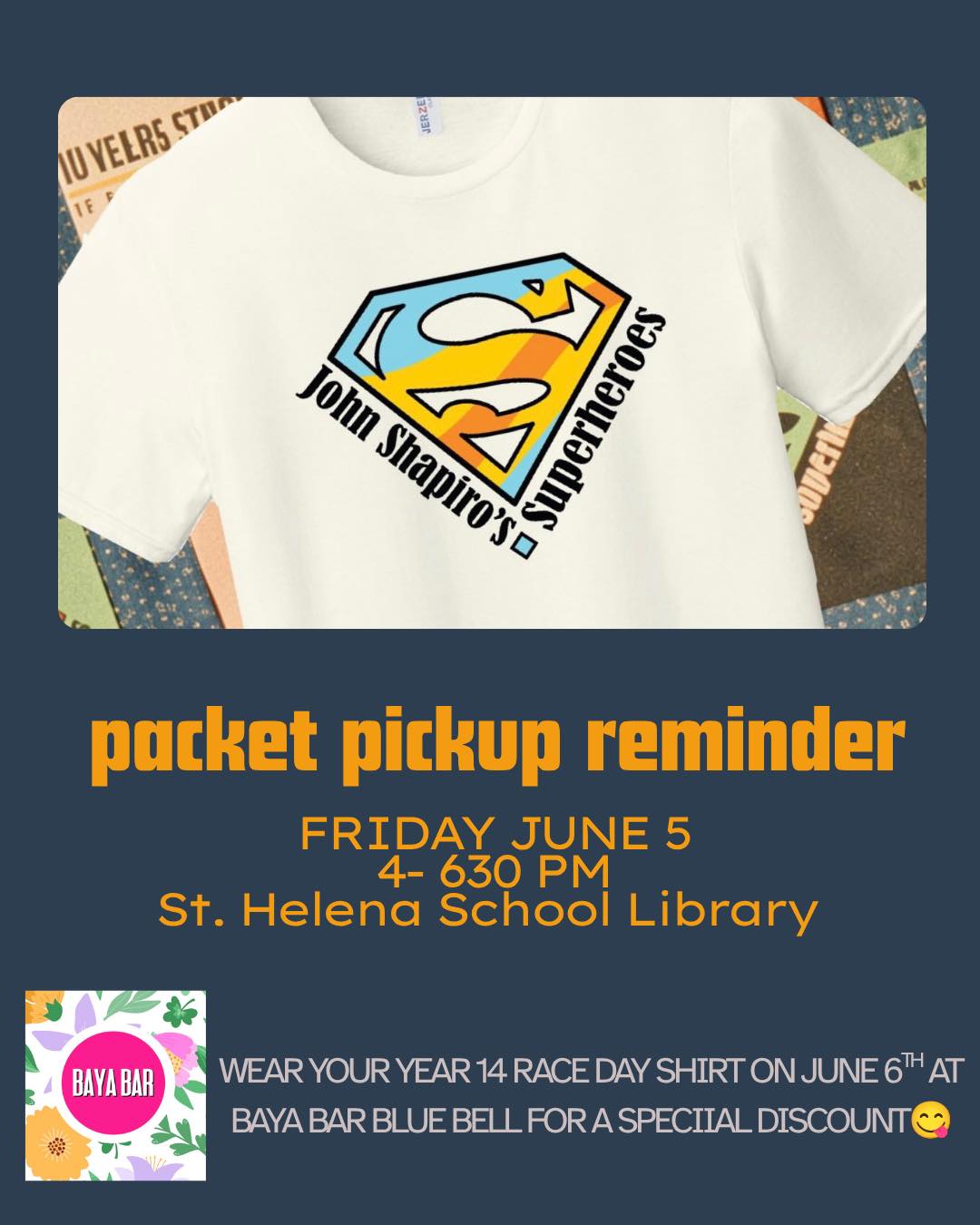 Just a reminder that Packet Pickup is this afternoon (Friday June 5th) from 4 to 630 at the St. Helena School library.  Come check out our raffles and pick up your bib and t-shirt! Its not too late to sign up, you can register onsite at packet pickup and on race day at our registration tent!
